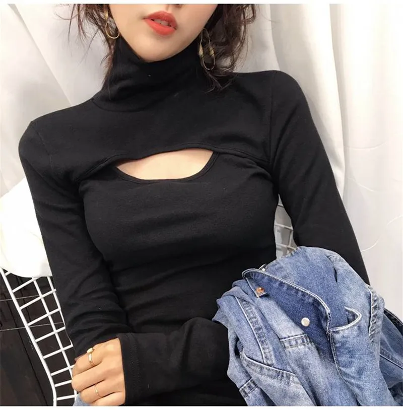 black t shirt Neploe Сексуальная Открытая тонкая футболка с длинным рукавом Водолазка женская футболка сплошной цвет джемпер модные женские топы 38328 - Цвет: black t shirt