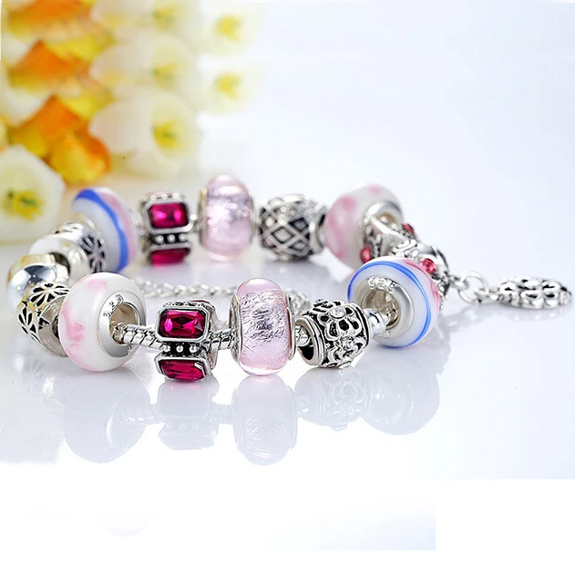 Free Shipping Women 925 Silver Crystal Beads Glass Bead Charm Fit Pandora Bracelet Flower Round Pendant Safety Chain Stopper | Украшения и