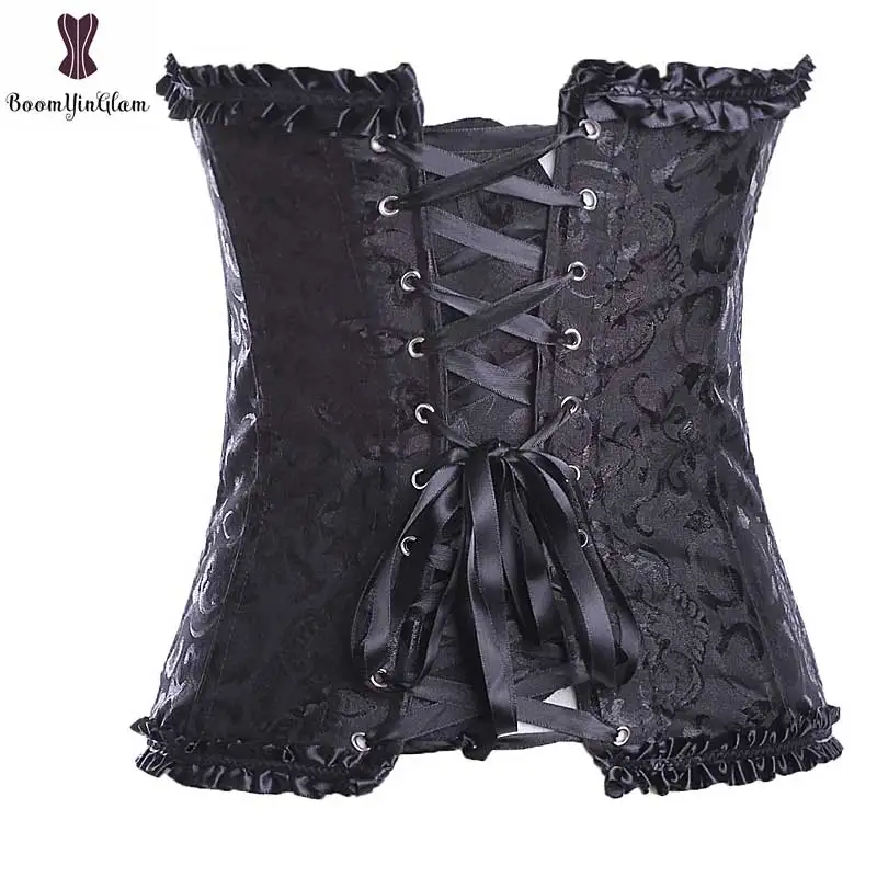 

Floral Overbust Corset Laciness Zipper Bustier Elastic Boned Plus Size Gothic Korset Night Clubwear Corselet Side Red Side Black