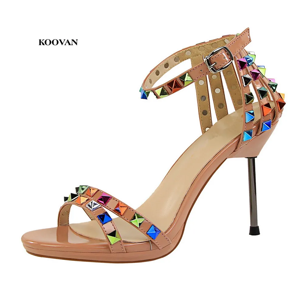 

Koovan Women's Sandals 2018 Sexy Nightclub Colorful Rivets Roman Style Shoes High-heeled Colored Rivets Girls Summer Pumps