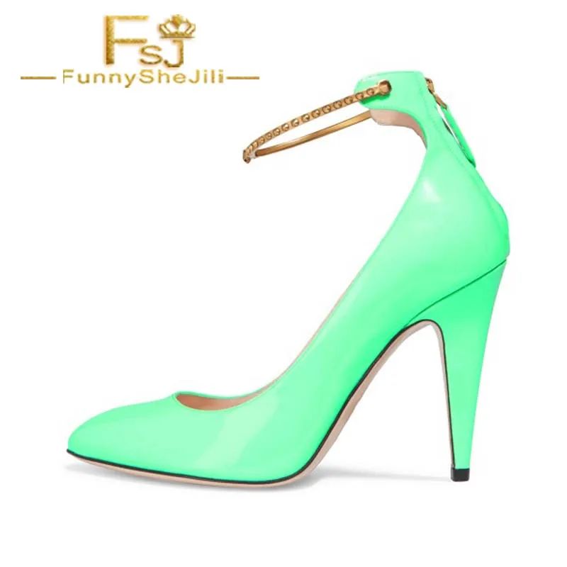 

Green Ankle Strap Heels Pointy Toe Patent Leather Cone Heel Pumps Summer Attractive Incomparable Generous Fashion FSJ Elegant