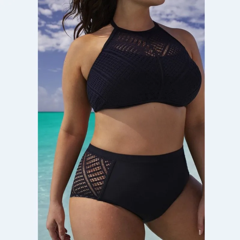 L-7XL Black Plus Size Bikini Set Halter Swimsuit 2 Piece Sexy Hollow Out Detail Beach Swimwear For Women Big Clothes Q3308 | Спорт и