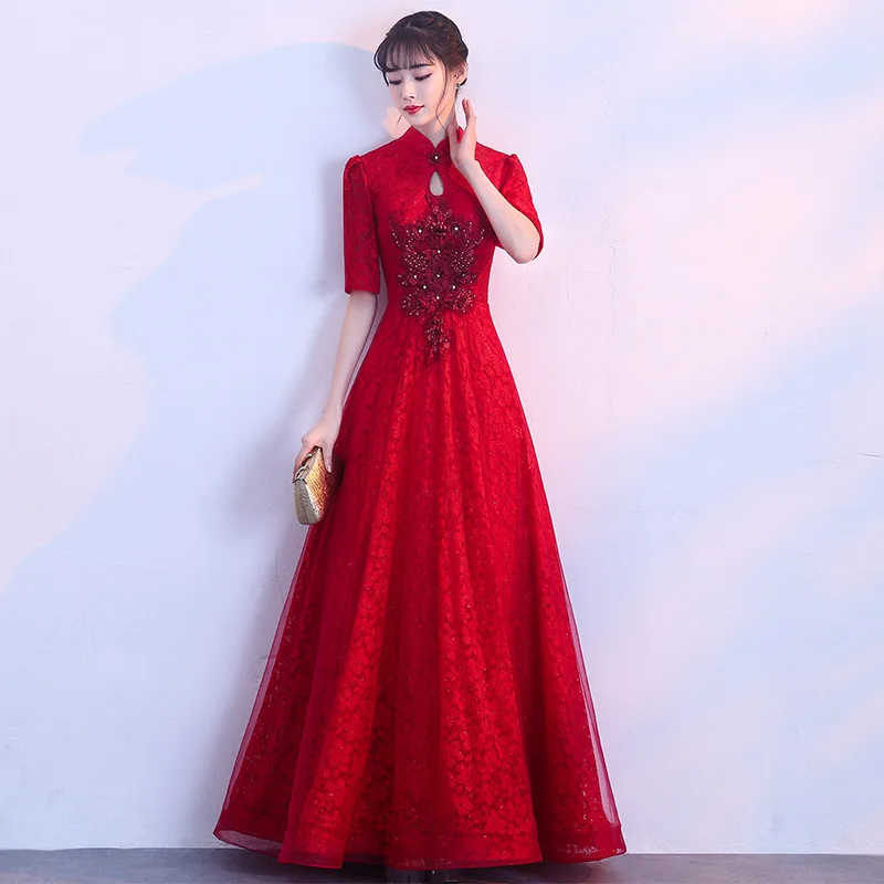 Китайское традиционное платье Qipao длинное Ципао с короткими рукавами вечерние