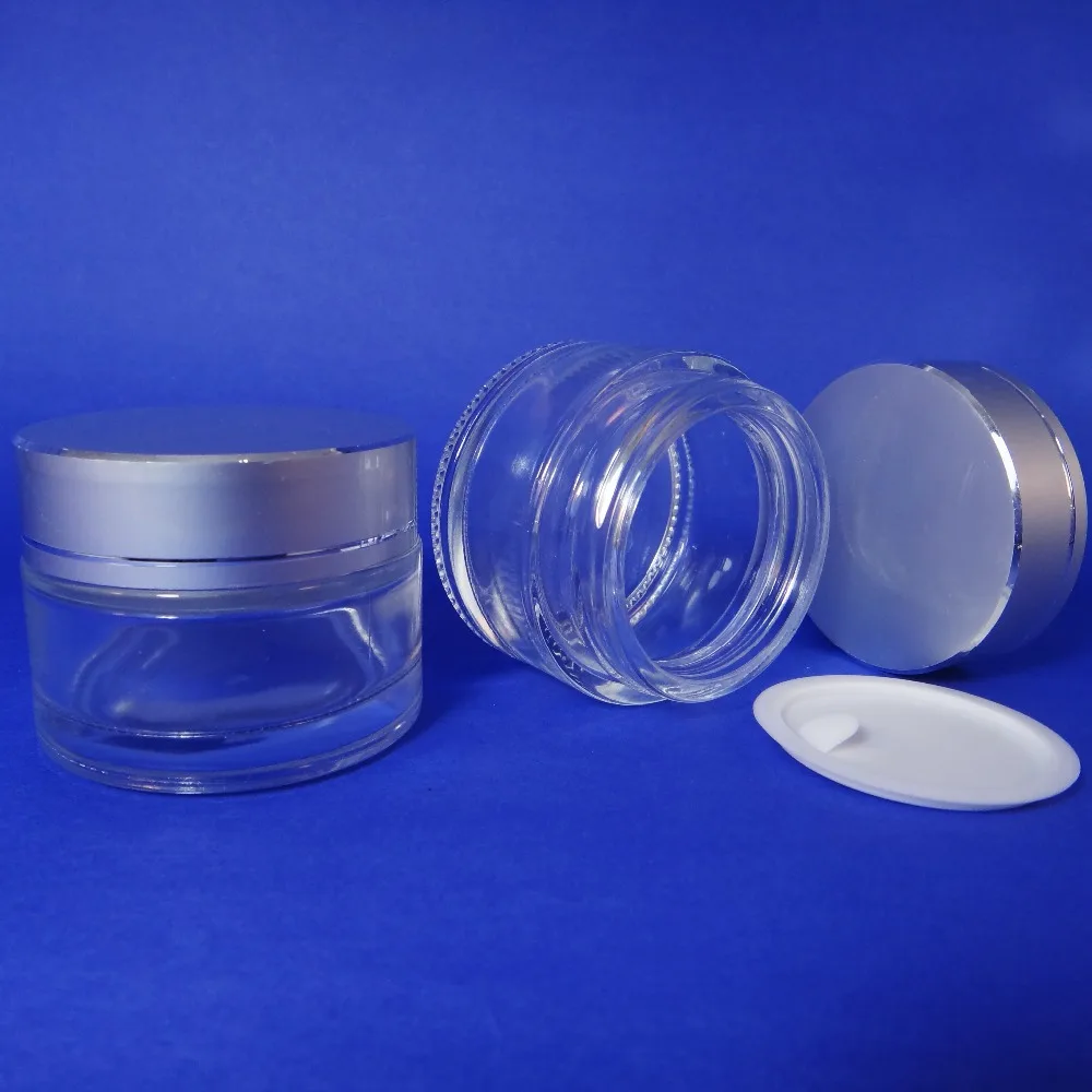 

50 Bulk Aluminum Plastic Lid 1 oz Packaging Clear Glass Makeup Cream Jar Container (AY200-30-silver)