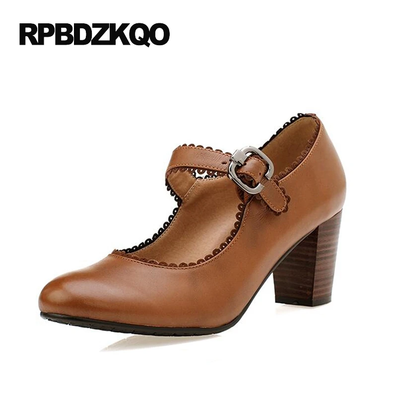 2017 Плюс размер Круглый носок насосы коричневый маленький деревянный Мэри Джейн