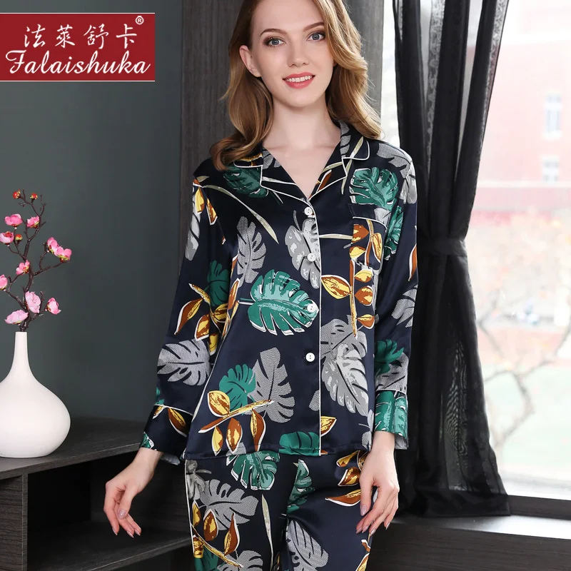 Womens 100% Silk Satin Pajamas Pyjamas Set 2019 Long Sleeve Sleepwear Suit Female Sleep Two Piece Set Loungewear Plus Size