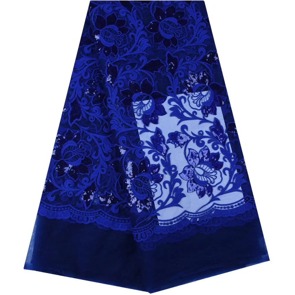 Latest Royal Blue African Embroidery Tulle Lace Fabric High Quality French Milk Silk Lace Fabric With Sequins 5 Yards 1611