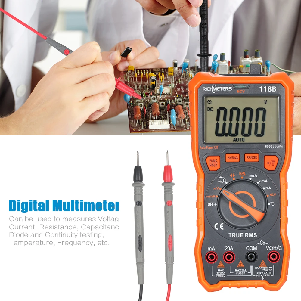 

Capacitance Meter 118B 20A Digital Multimeter 6000 Counts NCV HFE True-RMS 100mF Capacitance Magnet Voltage Current Temperature