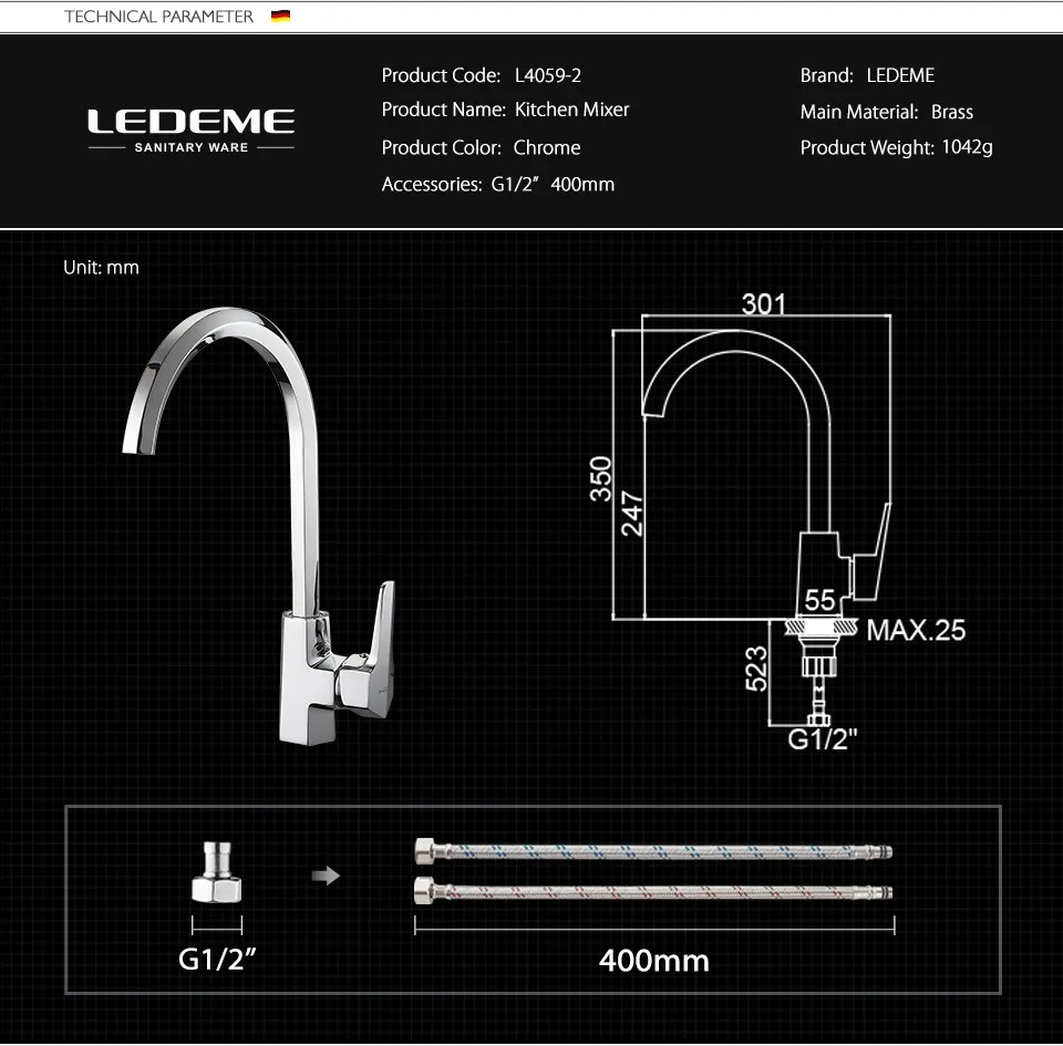 LEDEME Смеситель для кухни высокий с гайкой латунь Цвет: хром L4059-2