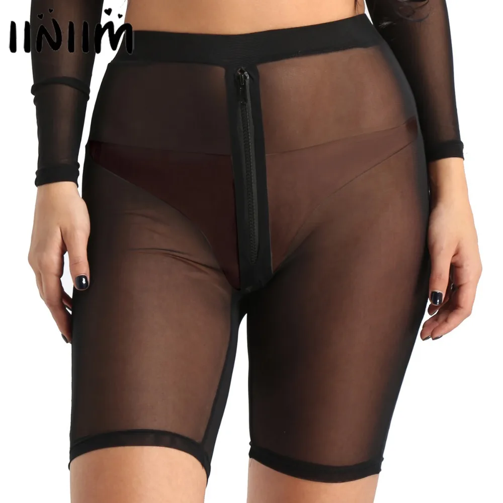 

Womens High-waisted Panties Front Zipper Hollow Out Nightwear Sheer Mesh Legging Halft Pants Female Underwear Club Dancewear