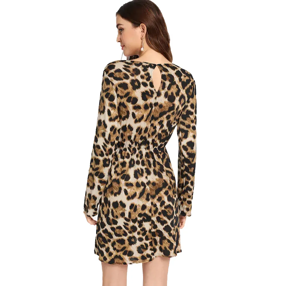 2018 Sexy Wrap V-neck Leopard Print Long Sleeve Knotted Backless Dress Bodycon Mini Vestidos De Fiesta | Тематическая одежда и
