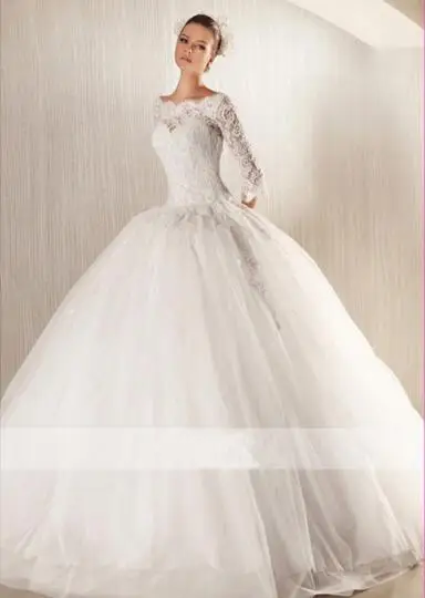 Пышное винтажное кружевное свадебное платье с длинным рукавом Vestido de Noiva Manga Longa, свадебные платья, бальное платье с бусинами, свадебные платья - Цвет: Слоновая кость