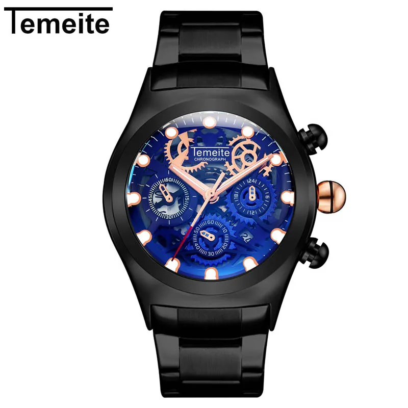 Blue Black Relogio Masculino TEMEITE Лидирующий бренд Мужские часы Роскошные модные золотые бизнес полностью Стальные кварцевые наручные часы Мужские часы Прямая поставка - Цвет: Blue Black