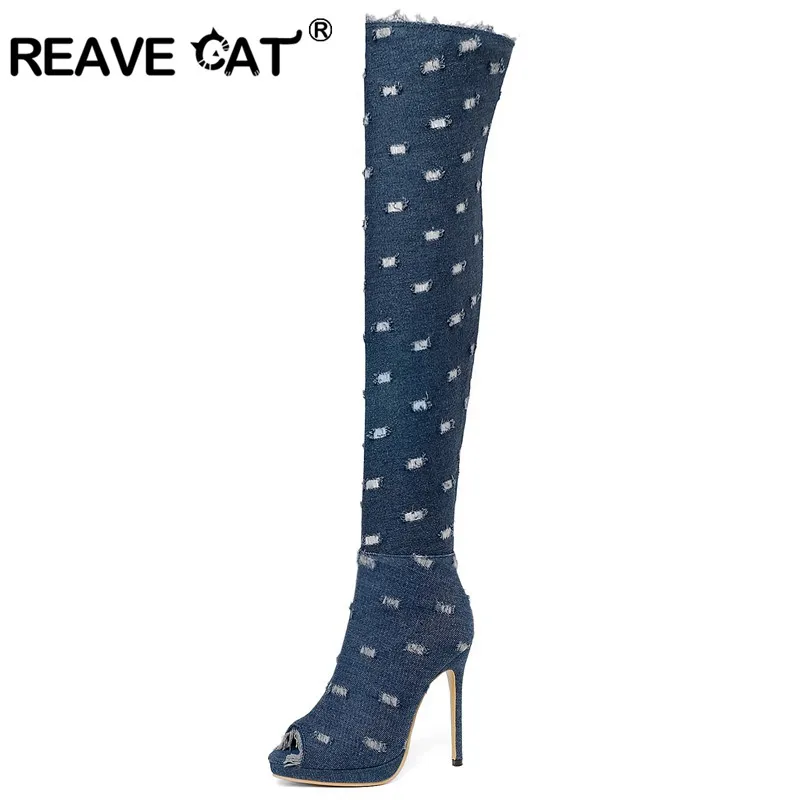 Женские джинсовые сапоги до колена REAVE CAT синие на тонком каблуке шпильке с
