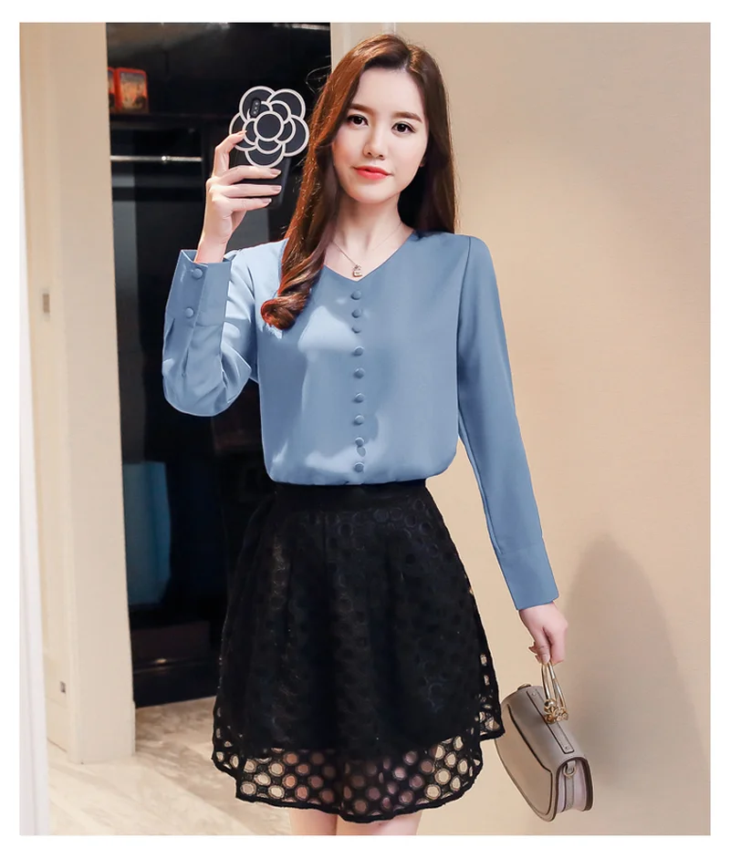 Женская блузка blusas mujer de moda, корейская v-образным блузки модная одежда, шифоновая блузка на пуговицах, однотонные белые с вырезом 2308 50