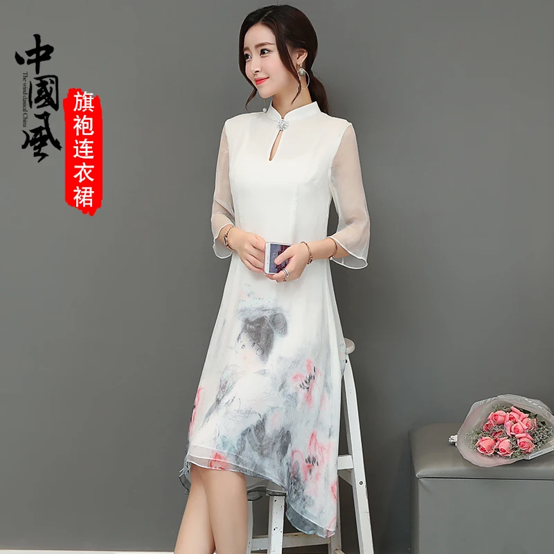 Ретро Китайский Стиль печати Cheongsam 2018 новый летний dressthree квартал рукава