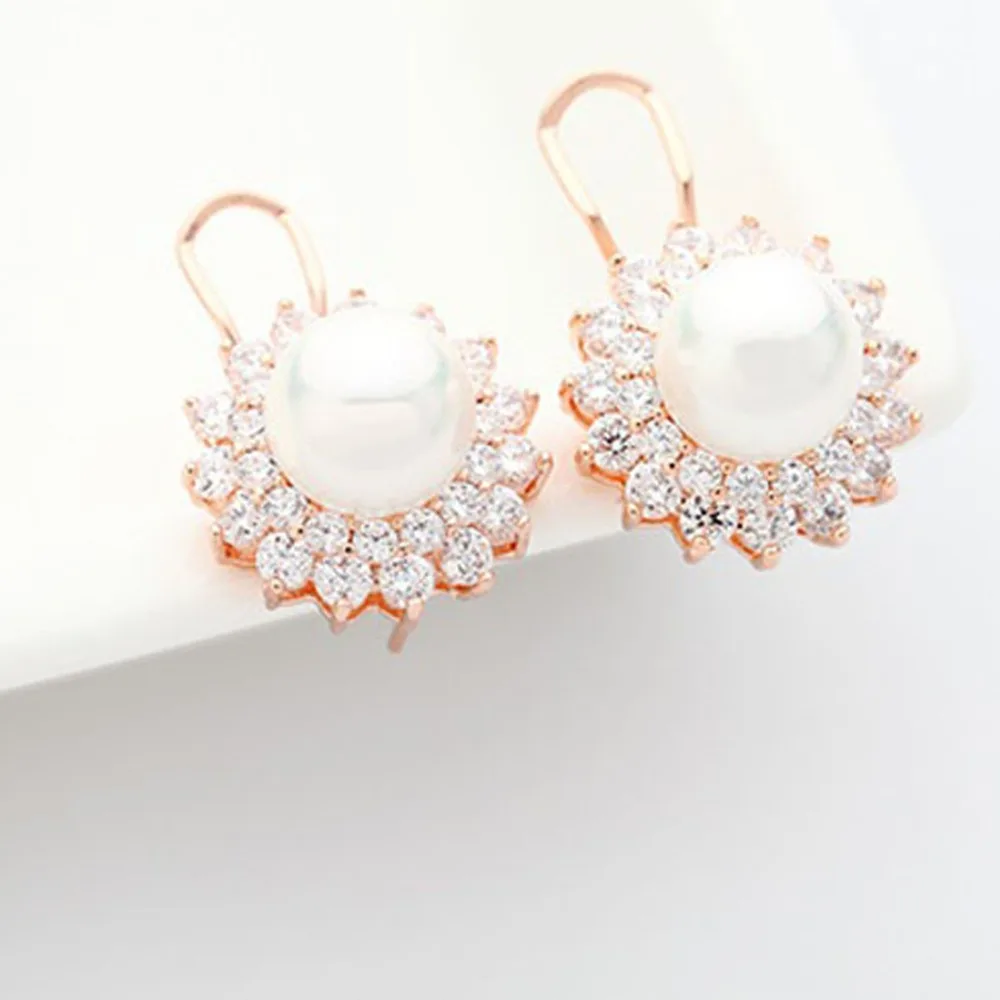 LUOTEEMI Deluxe Fashion Premium Rose Gold-Color Flower Shape Synthetic Pearl French Clip Stud Earring For Women Jewelry Wedding | Украшения