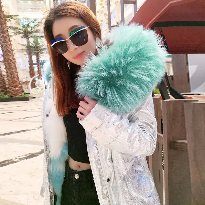 Женская ветровка с подкладкой из лисьего меха серебристое пальто натуральным