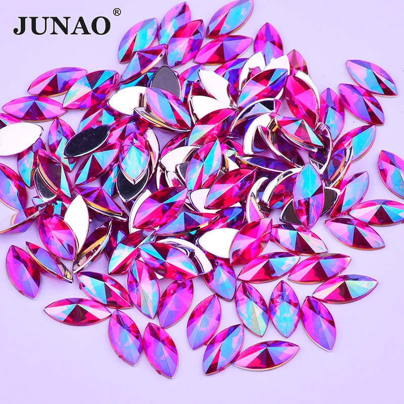 

JUNAO 7*15mm Rose AB Crystals Flat Back Rhinestones Horse Eye Acrylic Strass Crystal Non Sewing Stones for DIY Crafts