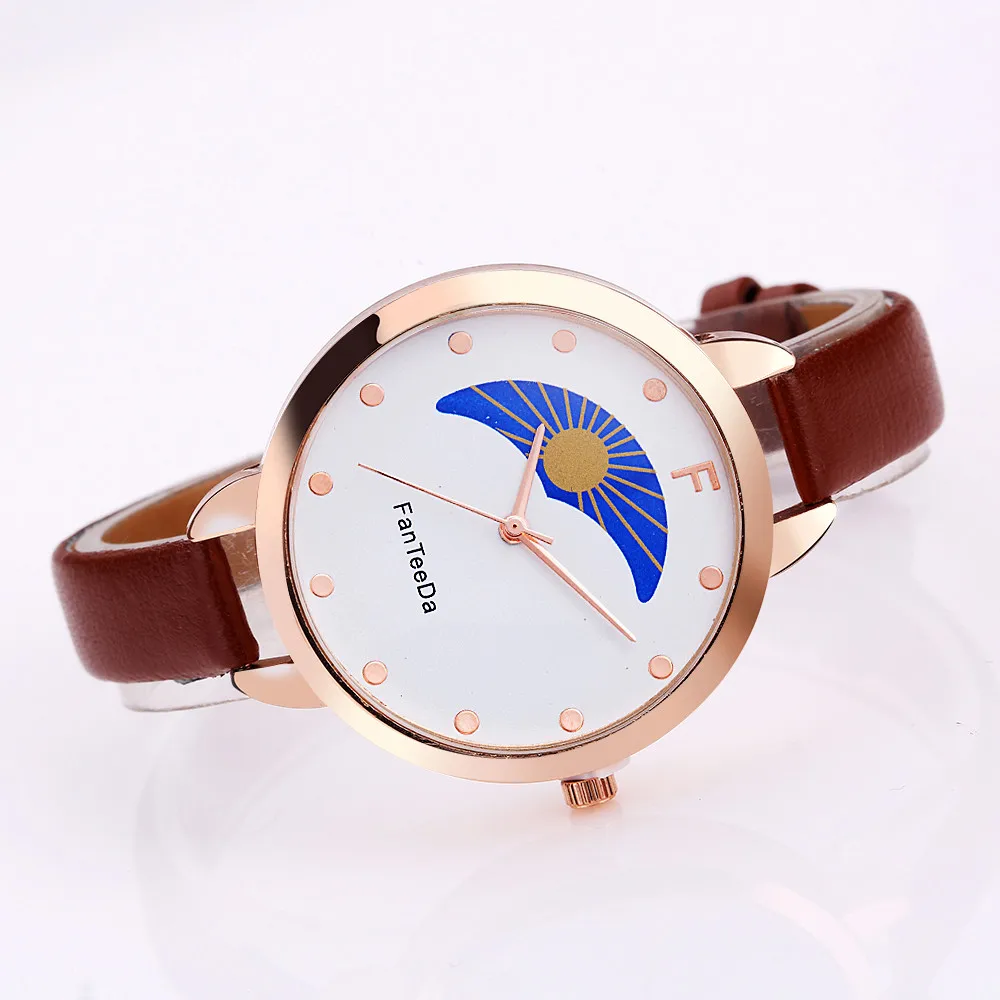FanTeeDa relogio feminino Sun and moon Аналоговый Кожаный ремешок кварцевые наручные часы женские