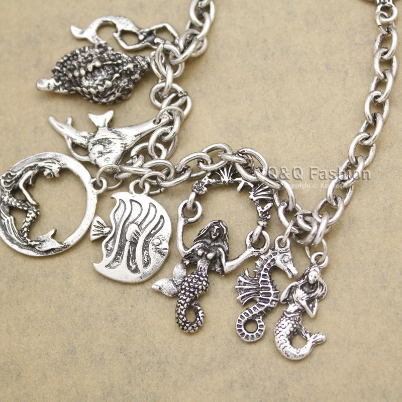 Retro Princess Ariel Mermaid Sea Horse Conch Charm Toggle Cuff Bangle Chain Bracelets For Women bileklik pulseira feminina DIY | Украшения