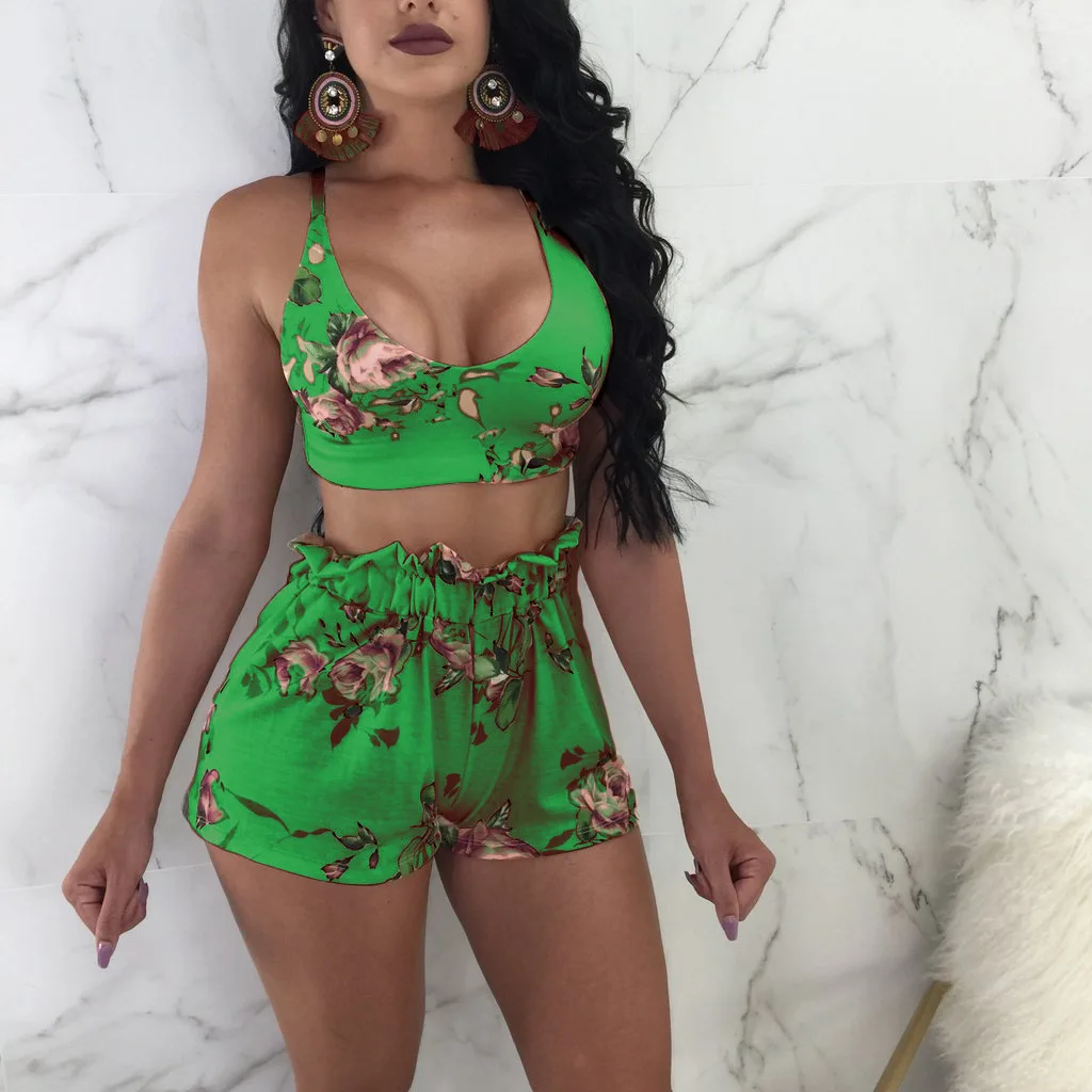 Beach Crop Top+Shorts Tops Romper Halter 2PCS Set Jumpsuit Sports Women’s Floral Outfits Sexy Clubwear 2018 New | Женская одежда