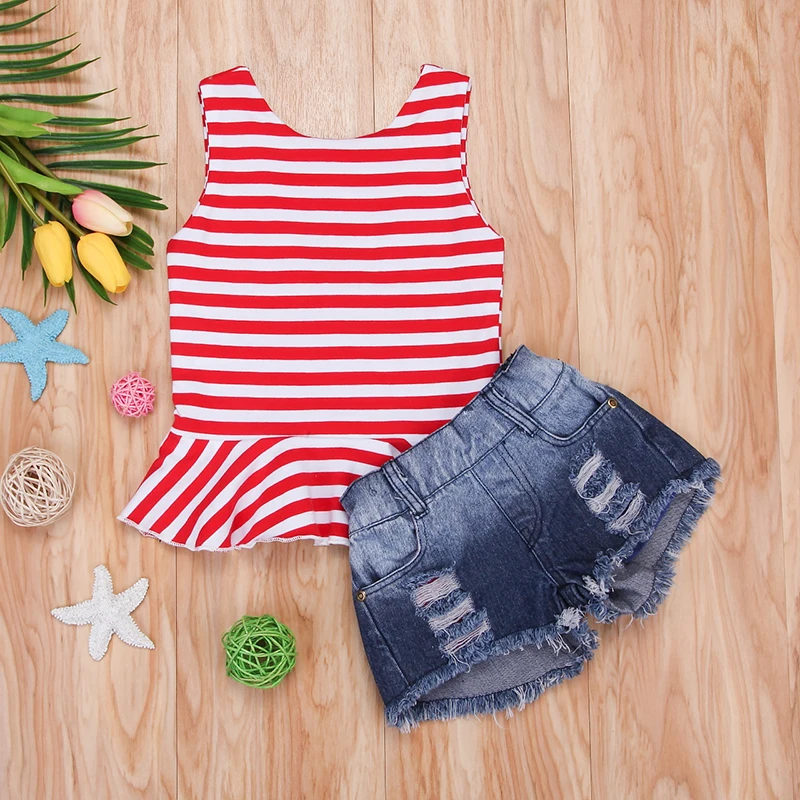 2 шт. детский джинсовый комплект из жилета и рваных шортов|children set|kids girl clothesfashion