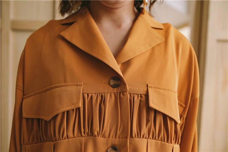 GALCAUR Vintage Ruched Blazer For Women Lapel Collar Long Sleeve Large Size Coat Female Fashion Clothing Summer New