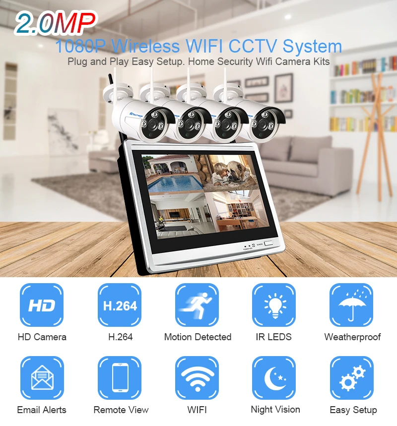 Techage 2 в 1 4CH 1080P 1" lcd Беспроводной NVR Wifi CCTV система наружная 2MP аудио запись звук камера P2P комплект видеонаблюдения
