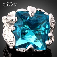 chran exquisite silver plated sparkling crystal promised rings luxury square blue stone rings for women