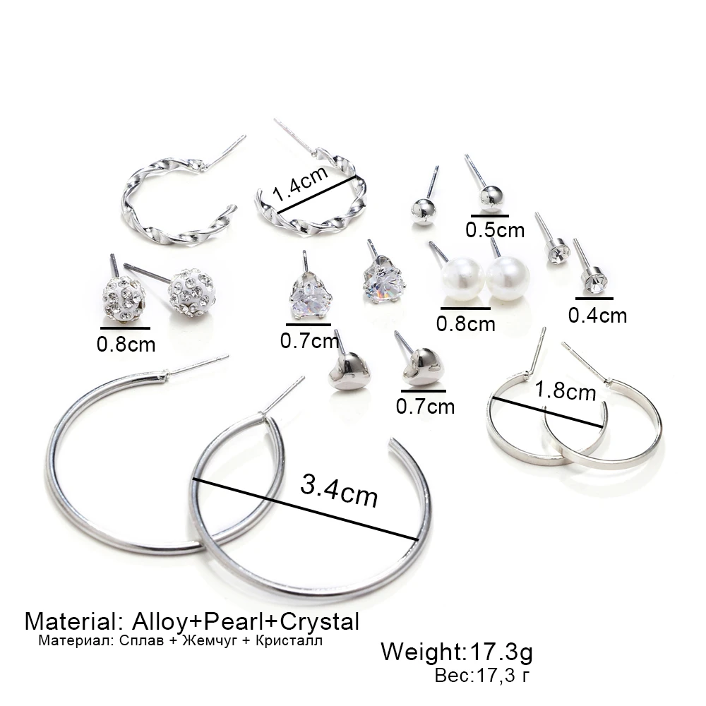 

9 Pairs/Set Gold Color Big Circle Hoop Earrings For Women Fashion Pearl Crystal Heart Earrings Party Jewelry Brincos 2018