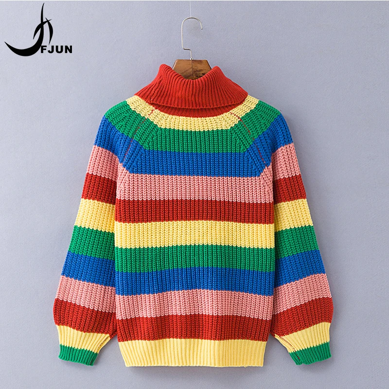 FJUN Winter Rainbow turtleneck sweaters women 2018 jumpers knitted clothes fashion colorful striped one size pullover female top | Женская