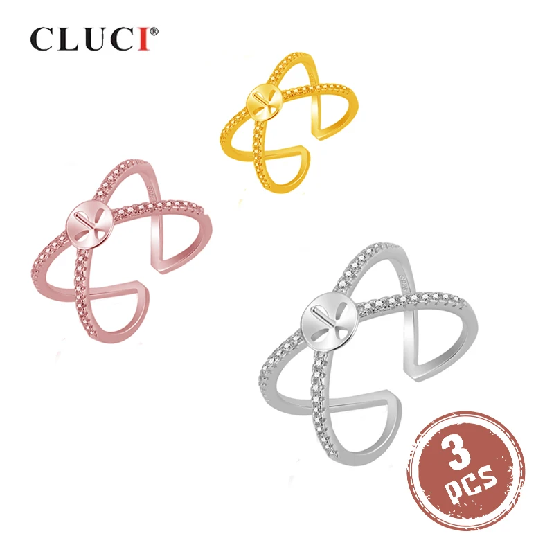 

CLUCI 3pcs 925 Sterling Silver Twisted X Shaped Women Party Ring Pearl Ring Mounting Silver 925 Adjustable X Rings SR2099SB