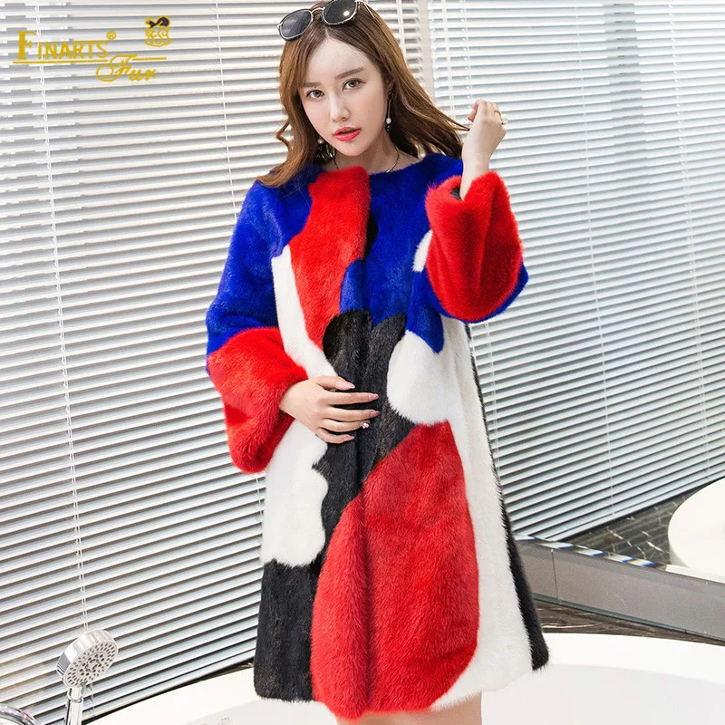 Красочные из натуральной норки Мех животных одежда новые длинные зимние теплые