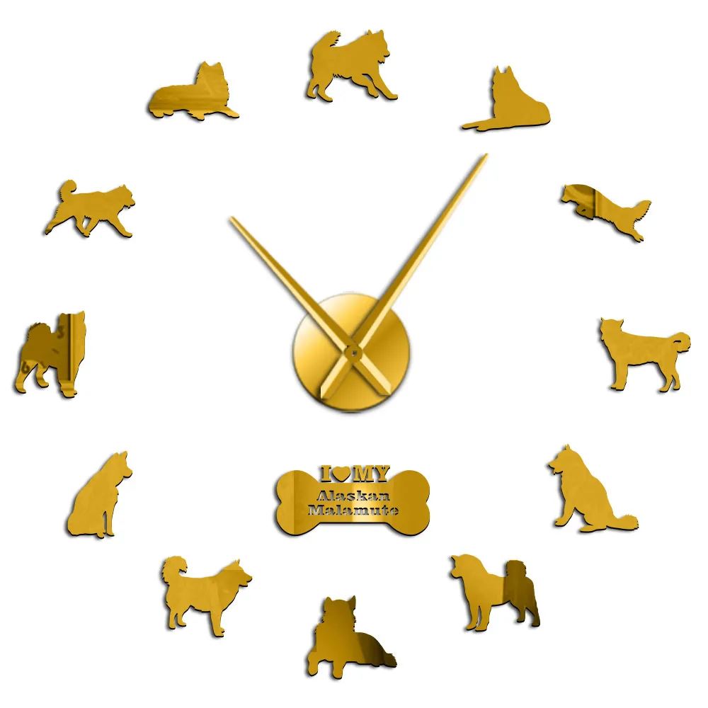 Gold Alaskan Malamute длинные руки большие настенные часы Mally Puppy Dogs Postures украшение на стену часы бескаркасные настенные часы-украшение - Цвет: Gold