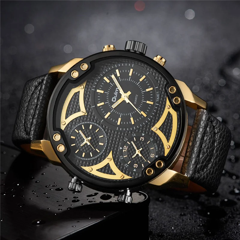 

Oulm 3548 Sport Watches Men Top Luxury Brand Three Time Zone Male Quartz Wristwatch Casual Leather Strap Men's Sports Watch