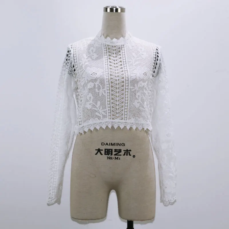 Женская ажурная блузка элегантная кружевная белого и черного цвета с длинными