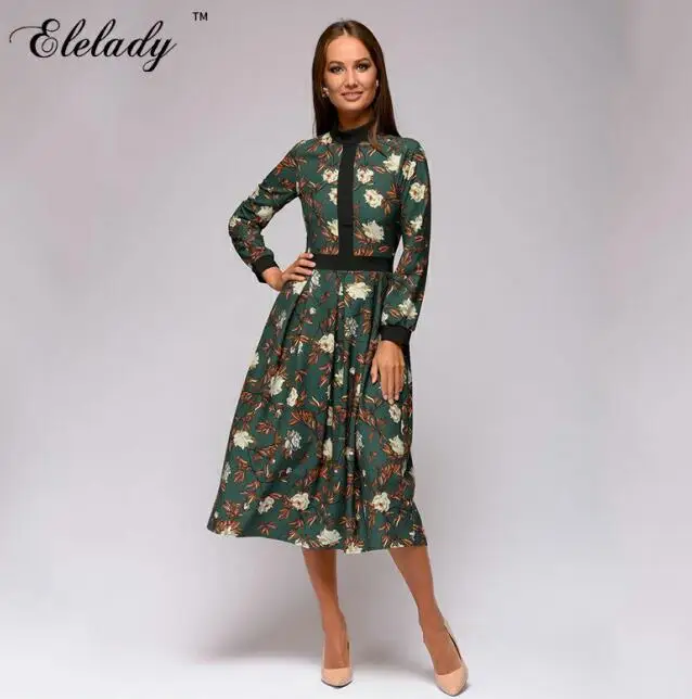 green Elelady женские классические с цветным Ретро принтом весеннее платье Новая мода с круглым вырезом с длинными рукавами А-с - Цвет: green