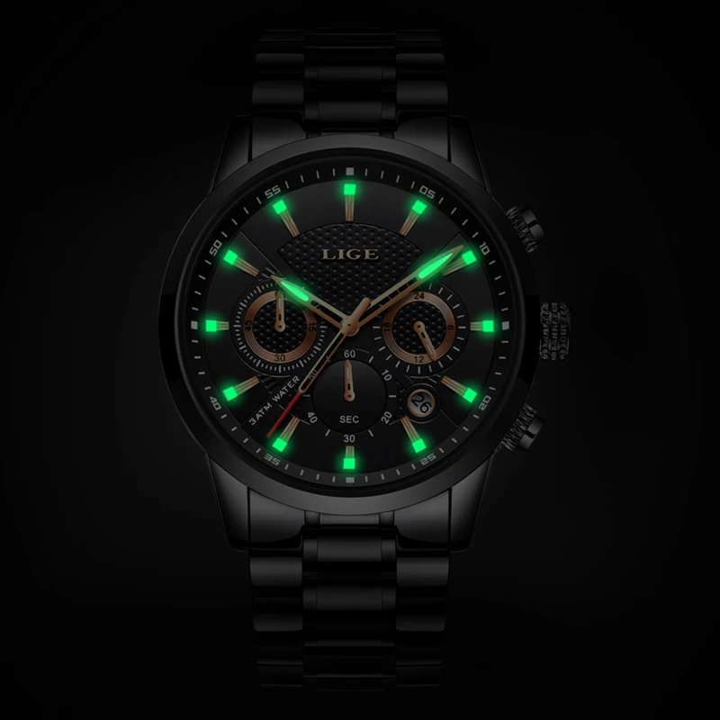 

LIGE Watches Men Top Brand Luxury Classic Black Quartz Men Watch Male Fashion Waterproof Full Steel Sport Watch Montre homme+Box