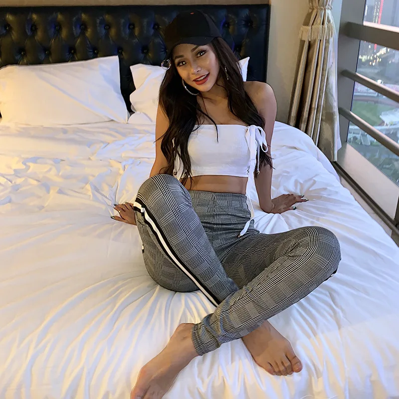 Женские Эластичные клетчатые брюки-карандаш повседневные осенние брюки с поясом