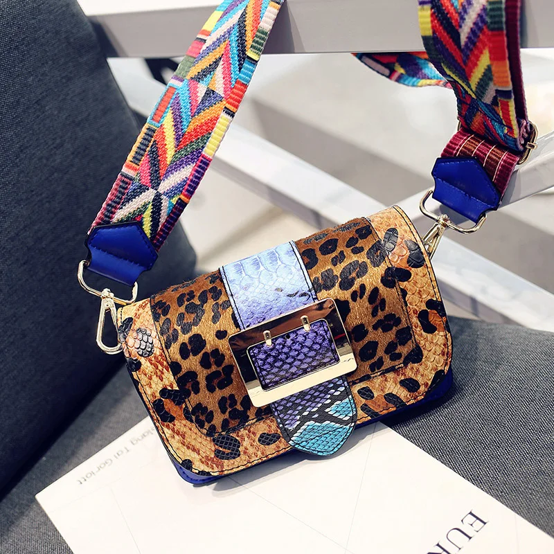 Модные леопардовые женские сумки через плечо с цветным плечевым ремнем высокого