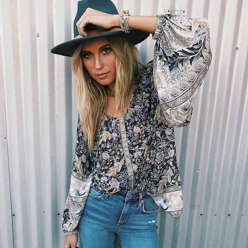 Boho Inspired black floral blouse long sleeve Spring Summer tops women buttons down O-neck oversized causal shirt new blusas |