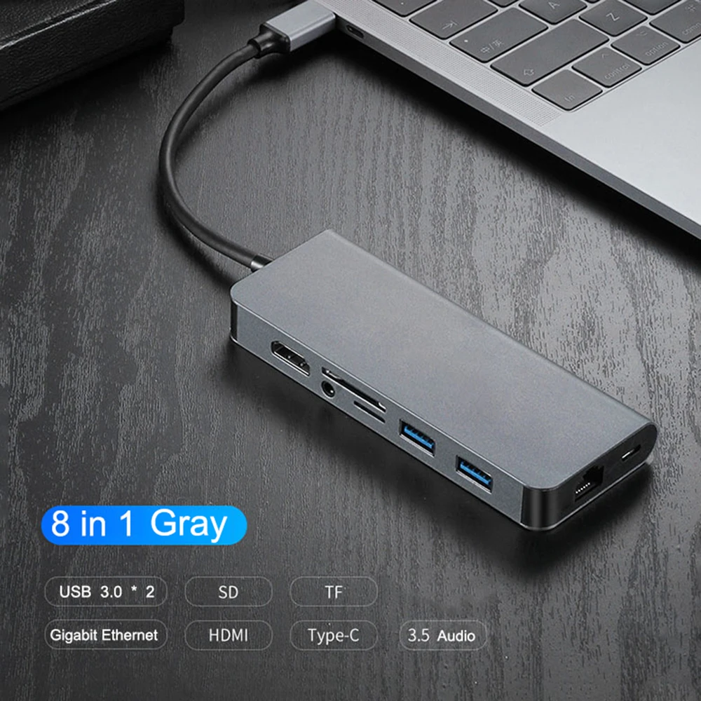 8 в 1 type C концентратор USB-C-HDMI RJ45 Gigabit 3,5 мм аудио SD TF кардридер USB3.0 PD зарядный USB-C Кабель-адаптер для ноутбука Mac