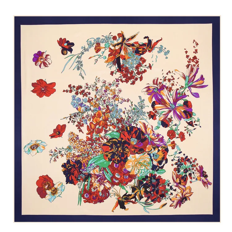 100% TwillSilk Square Scarf Women National Wind Flowers Printed Neckerchief Big Bandana High Quality Silk Foulards Large Hijabs |