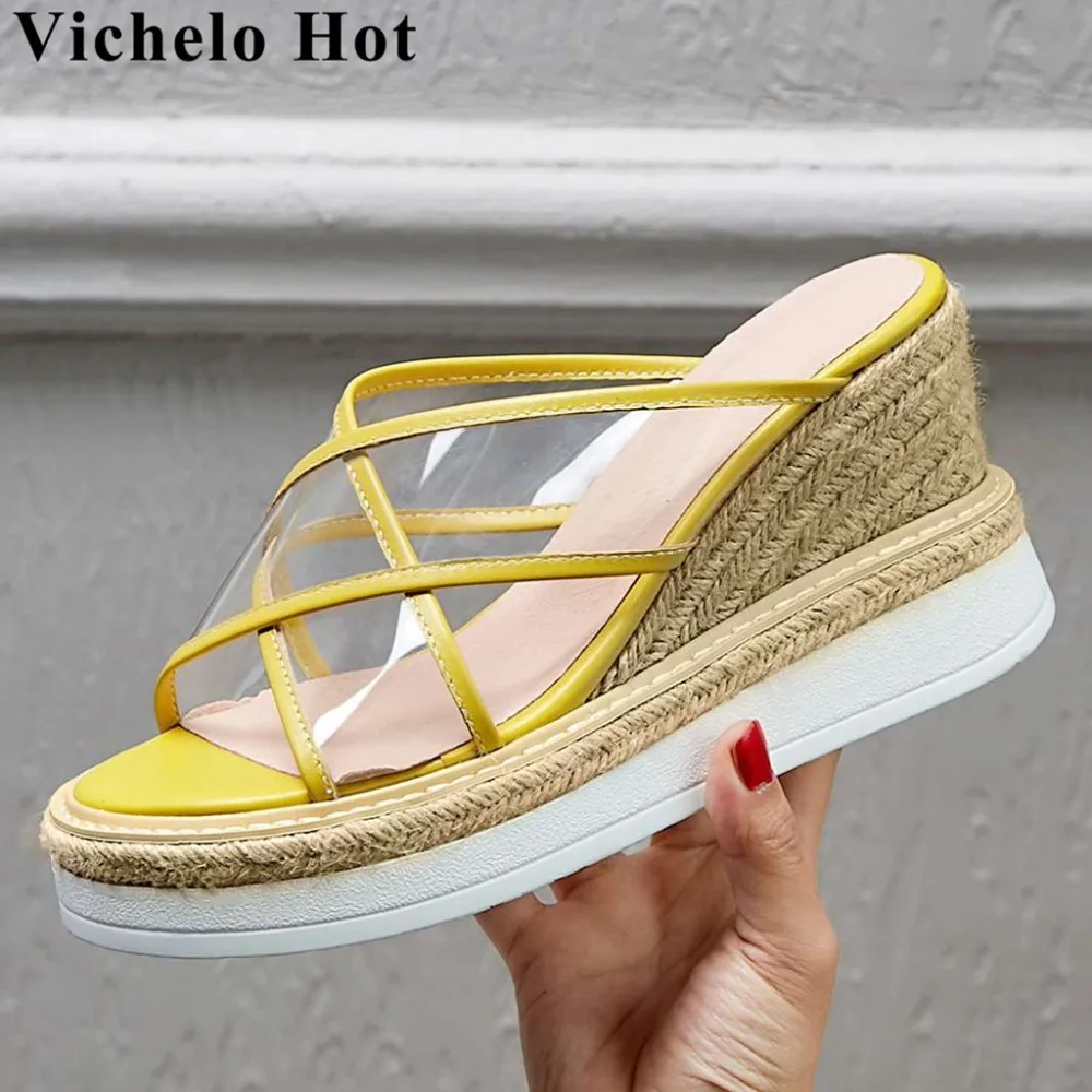 

Vichelo Hot new fashion straw decoration wedges platform peep round toe women sandals high bottom pvc material slip on mules L96