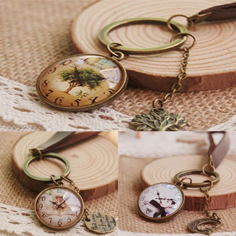 

DIY audrey heburn/ angel/tree of life key rings glass pendant clock print keychains vintage leather key chain charm jewelry J40
