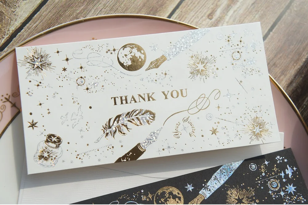 12set black white Gold Theme feather star thank you Card Wedding Birthday Valentine Party Invitation with Envelope Gift Message