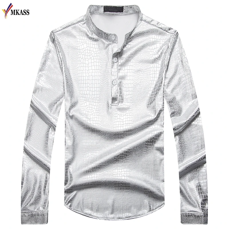 Hot Nightclub Silver Men Shirt Masculina Metallic Shiny Stage Performance Fashion Slim Fit Long Sleeve Hip Hop Dress Shirts | Мужская