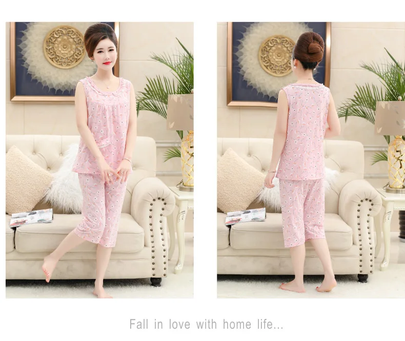 Хлопковый жилет укороченные брюки pijama для женщин Летний принт кружево дамы повседневный комплект с круглым вырезом shortless женский домашний костюм плюс размеры 4XL