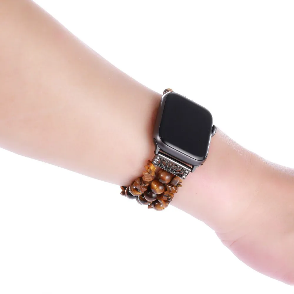 Ручной работы Для женщин Агат ремешок для наручных часов Apple Watch серии 1 2 3 4 5 на драгоценные эластичный браслет с камнями для наручных часов iWatch 38/40 мм/42 44 мм Длина браслета